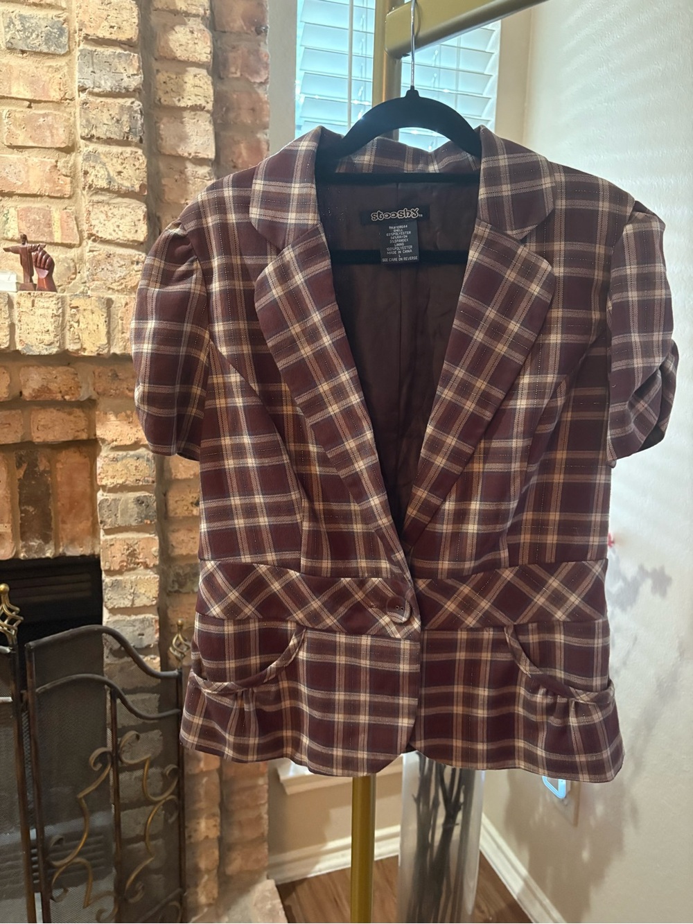 Stooshy brown Plaid Puff-Sleeve Blazer